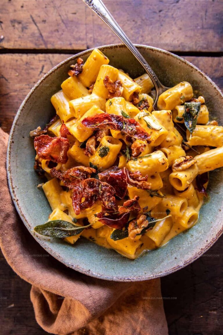 Quick Pumpkin Rigatoni with Candied Prosciutto and Walnuts Recipe