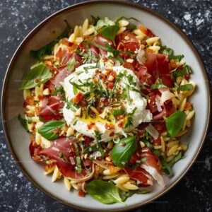 Orzo Carbonara with Crispy Prosciutto and Burrata Recipe