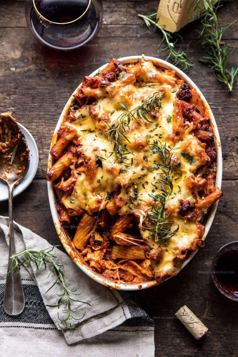One Pot Spicy Pesto Cheese Baked Rigatoni Recipe