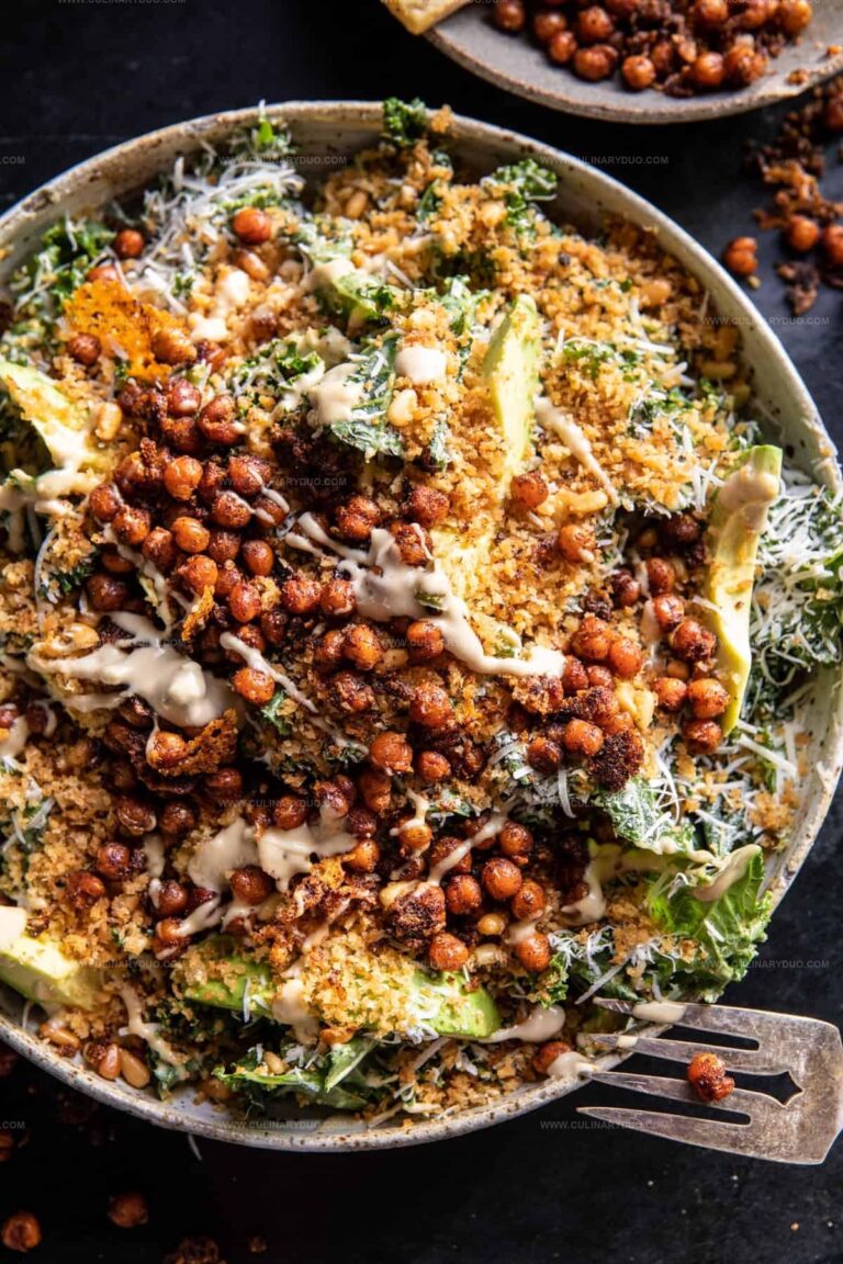 Parmesan Tahini Kale Salad with Breadcrumbs and Crunchy Chickpeas Recipe