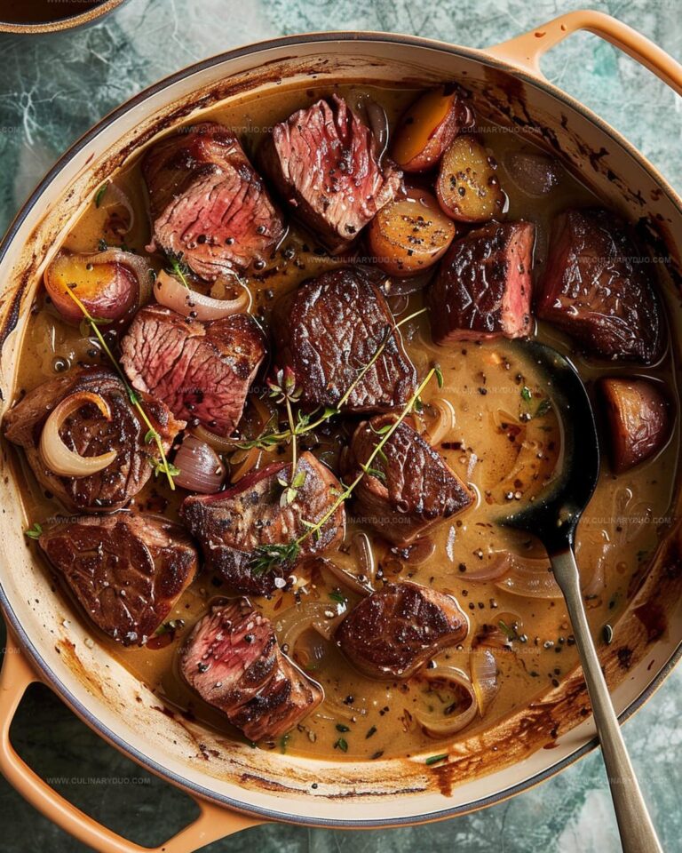 Peppercorn-Crusted Steak with a side of Golden Shallot Soup Recipe