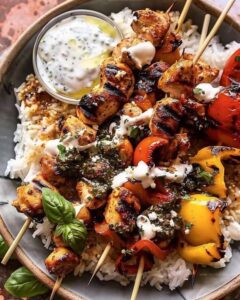 Chicken Skewers and Charred Peppers with Herbaceous Vinaigrette Recipe