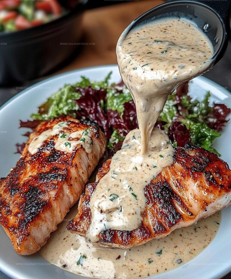 Tuna Steaks with Creamy Garlic Sauce & Salad Recipe