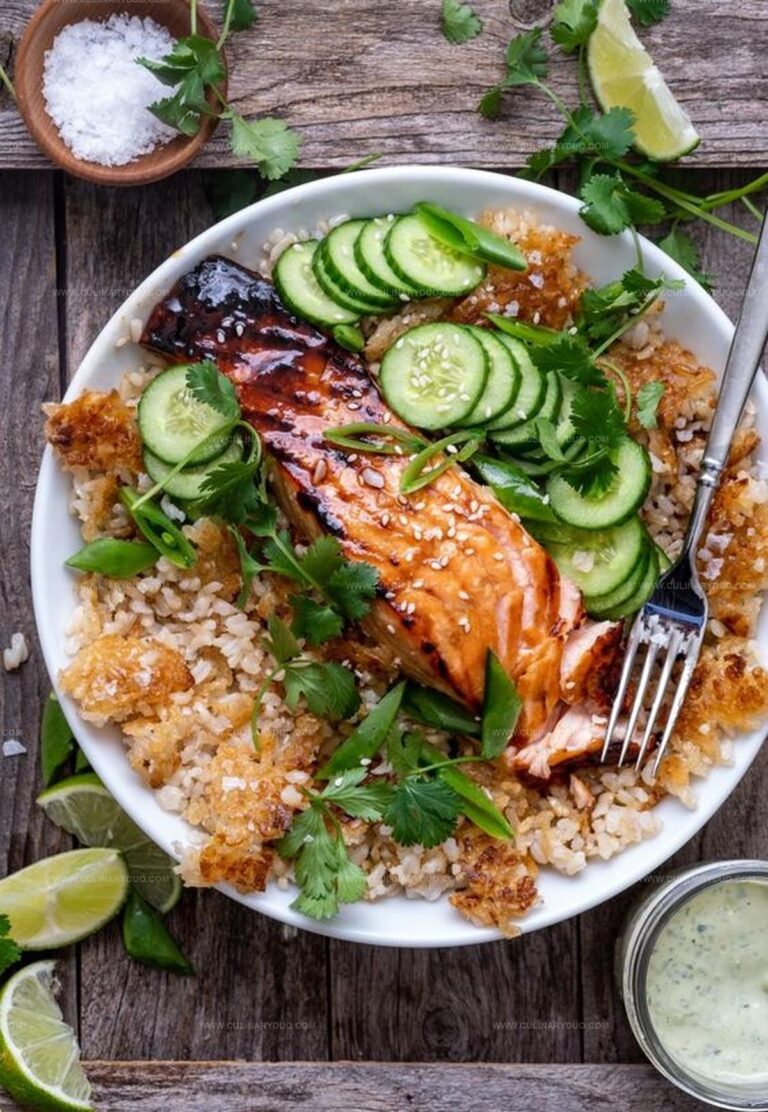 Crunchy Brown Rice Bowls with Salmon and Herbed Tahini Recipe