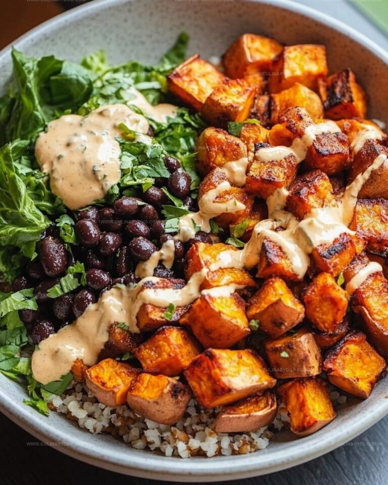 Crispy Roasted Sweet Potatoes with Black Bean Salad & Sriracha Yogurt Dressing Recipe