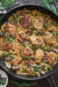 Creamy Pork Tenderloin Medallions with Orzo, Spinach & Mushrooms Recipe