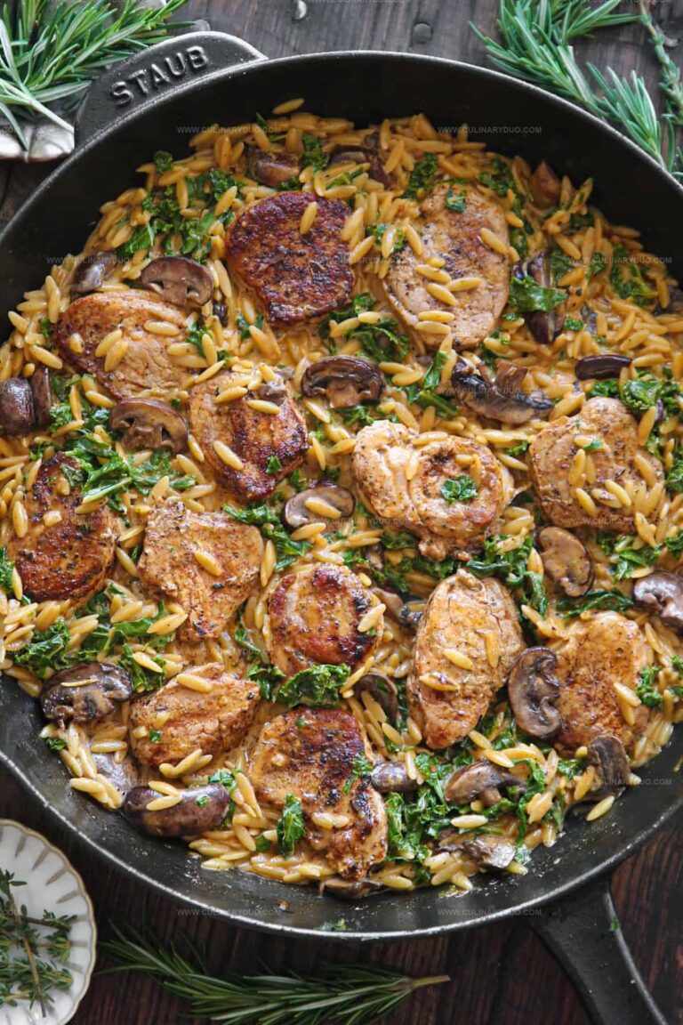 Creamy Pork Tenderloin Medallions with Orzo, Spinach & Mushrooms Recipe