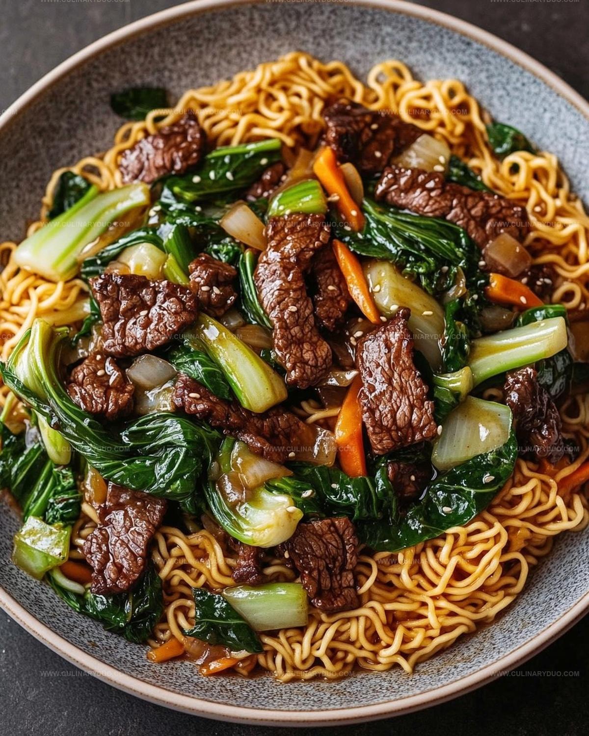 Crispy Beef Stir-Fry with Bok Choy over Pan-Fried Noodles Recipe