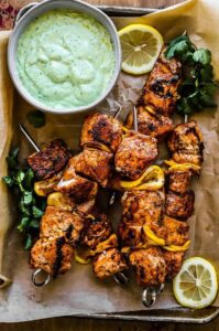 Grilled Salmon Skewers with Cilantro Sauce Recipe