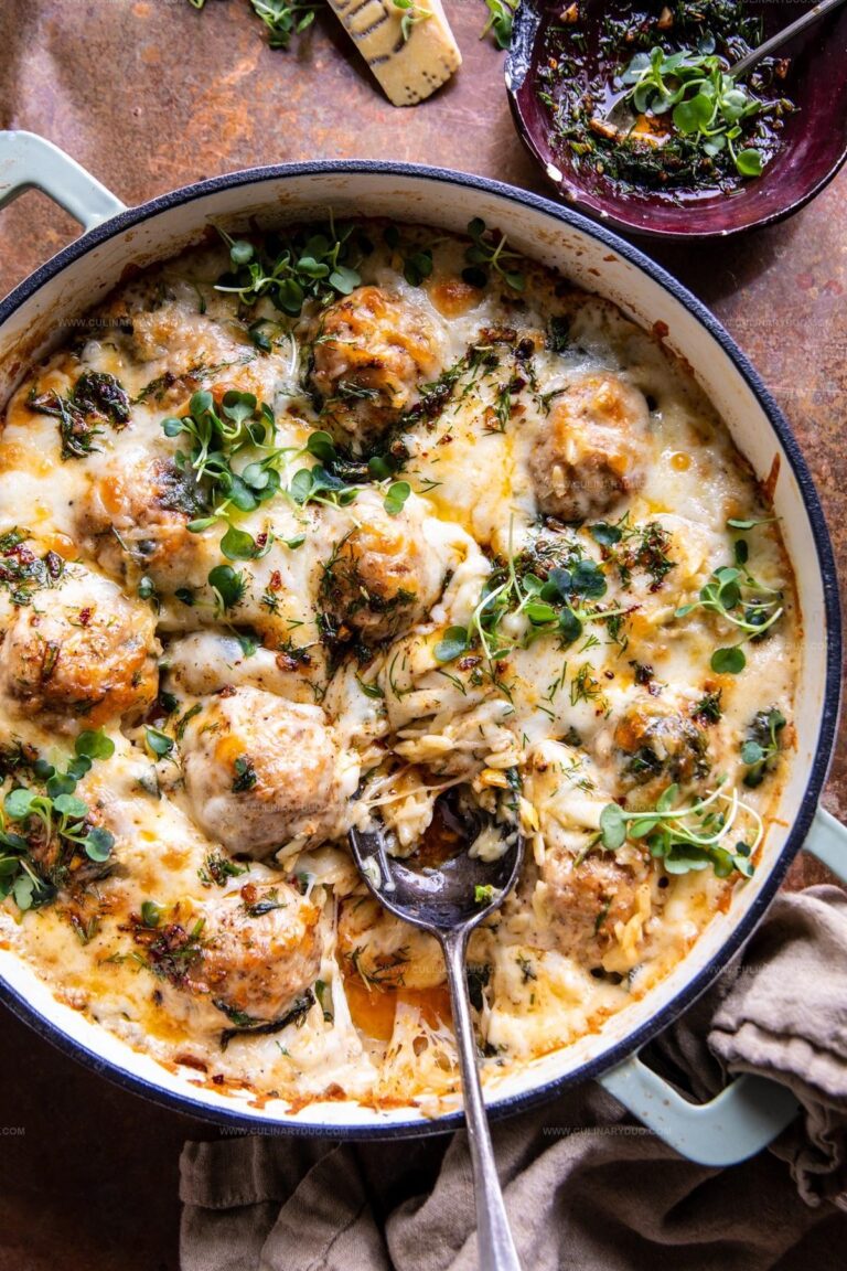 Baked Lemon Rosemary Chicken Meatballs and Creamy Orzo Recipe