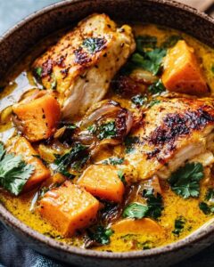 Coconut Turmeric Chicken with Sweet Potatoes and Crispy Shallot Oil Recipe