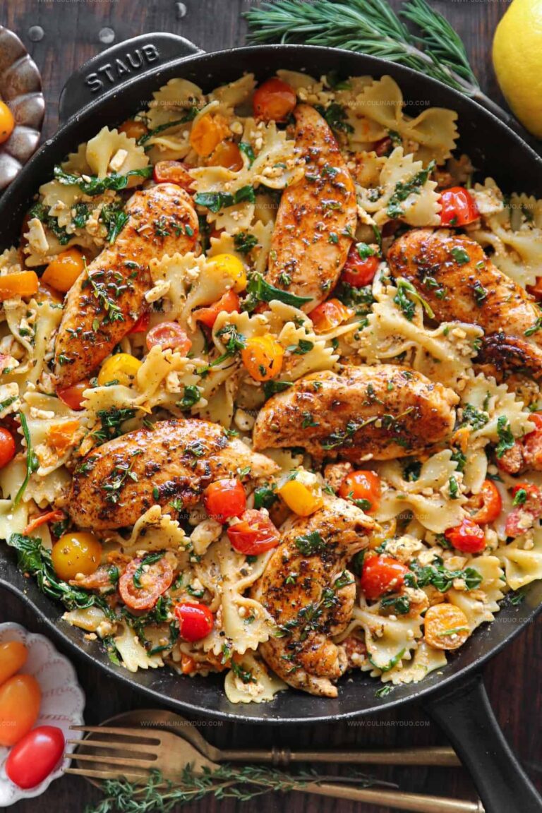 Chicken Feta Pasta with Spinach and Cherry Tomatoes Recipe