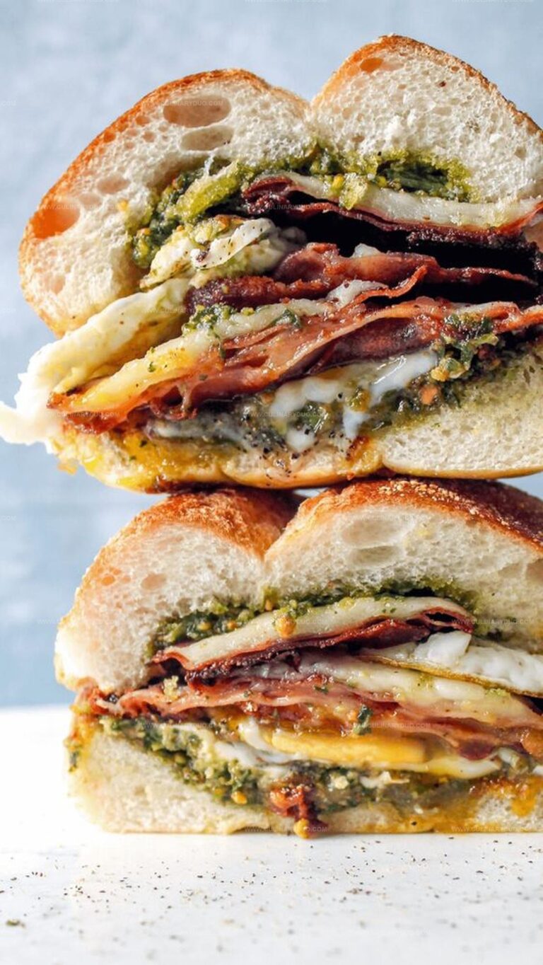 Pesto Eggs and Crispy Mortadella Sandwich Recipe