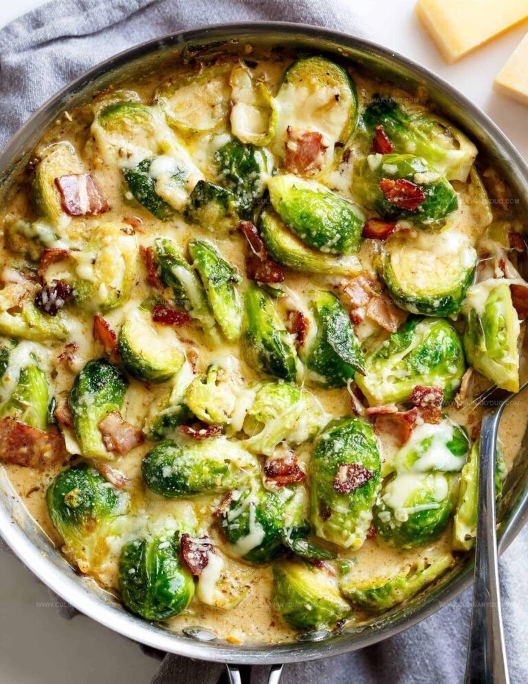Creamy Garlic Parmesan Brussel Sprouts & Bacon Recipe