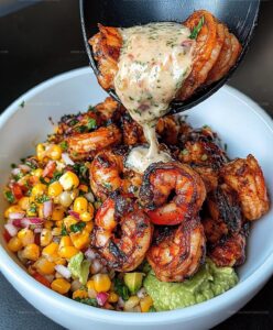 Grilled Shrimp Bowl with Avocado, Corn Salsa & Creamy Garlic Sauce Recipe
