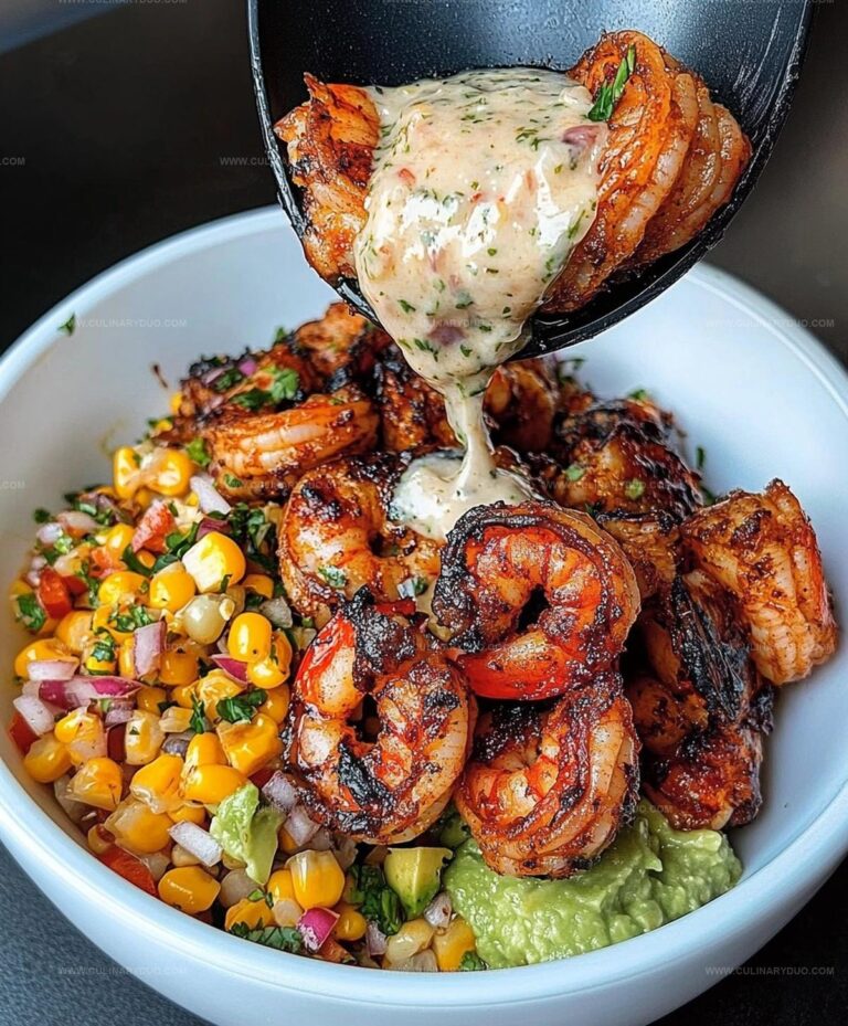 Grilled Shrimp Bowl with Avocado, Corn Salsa & Creamy Garlic Sauce Recipe
