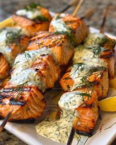 Grilled Salmon Skewers with Creamy Dill Yogurt Sauce Recipe