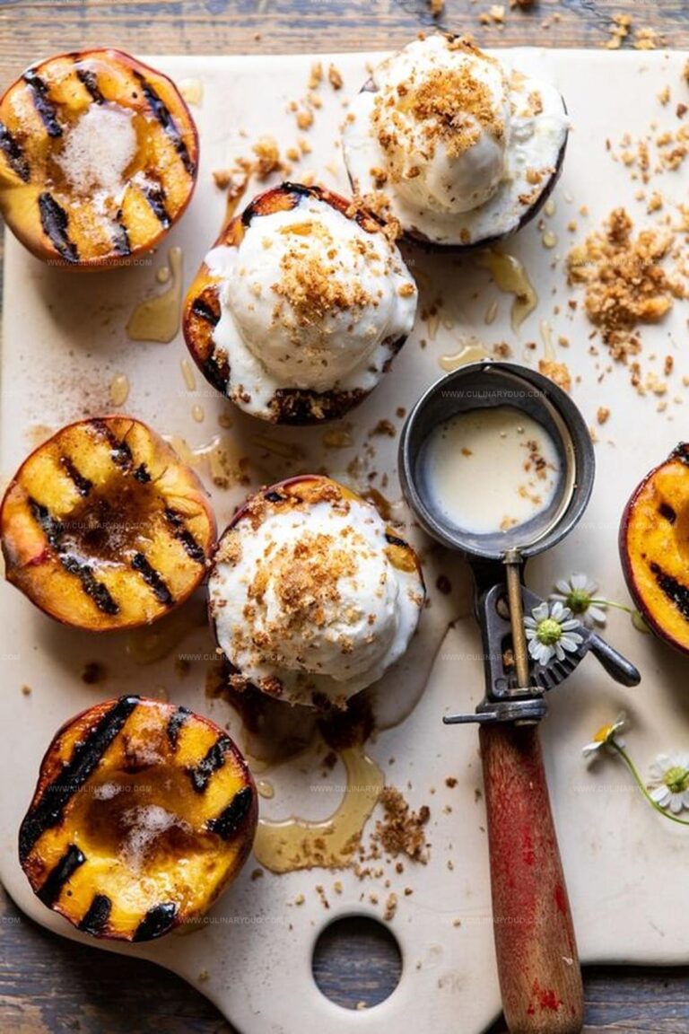 Browned Butter Grilled Peaches with Cinnamon Toast Brioche Crumbs Recipe